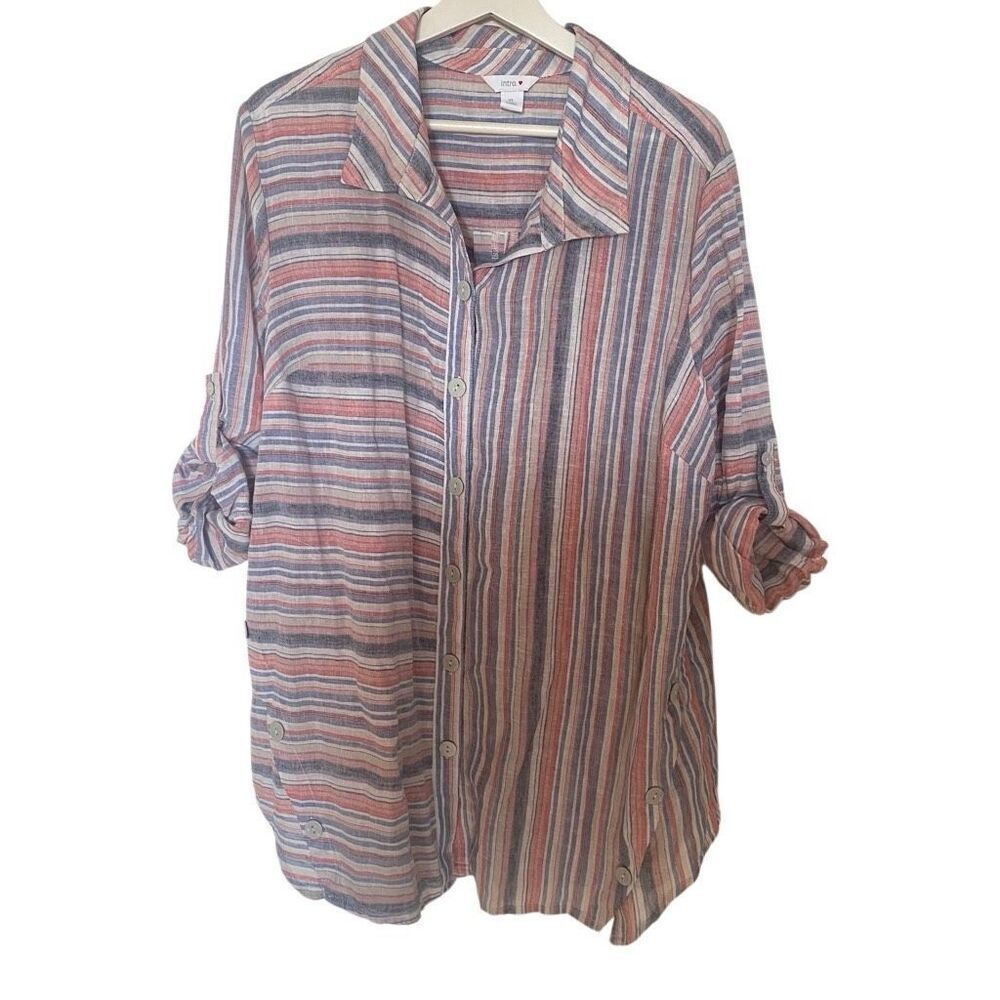 Intro. Linen Blend Button Down Blouse Xl Striped … - image 1